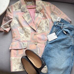 Le Chouchou Vintage Women's Floral Short Sleeve Blazer - Pink and Gray Size L